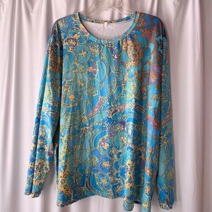 Women's Turquoise & Gold Floral Paisley Long Sleeve Soft Breathable Top 4x